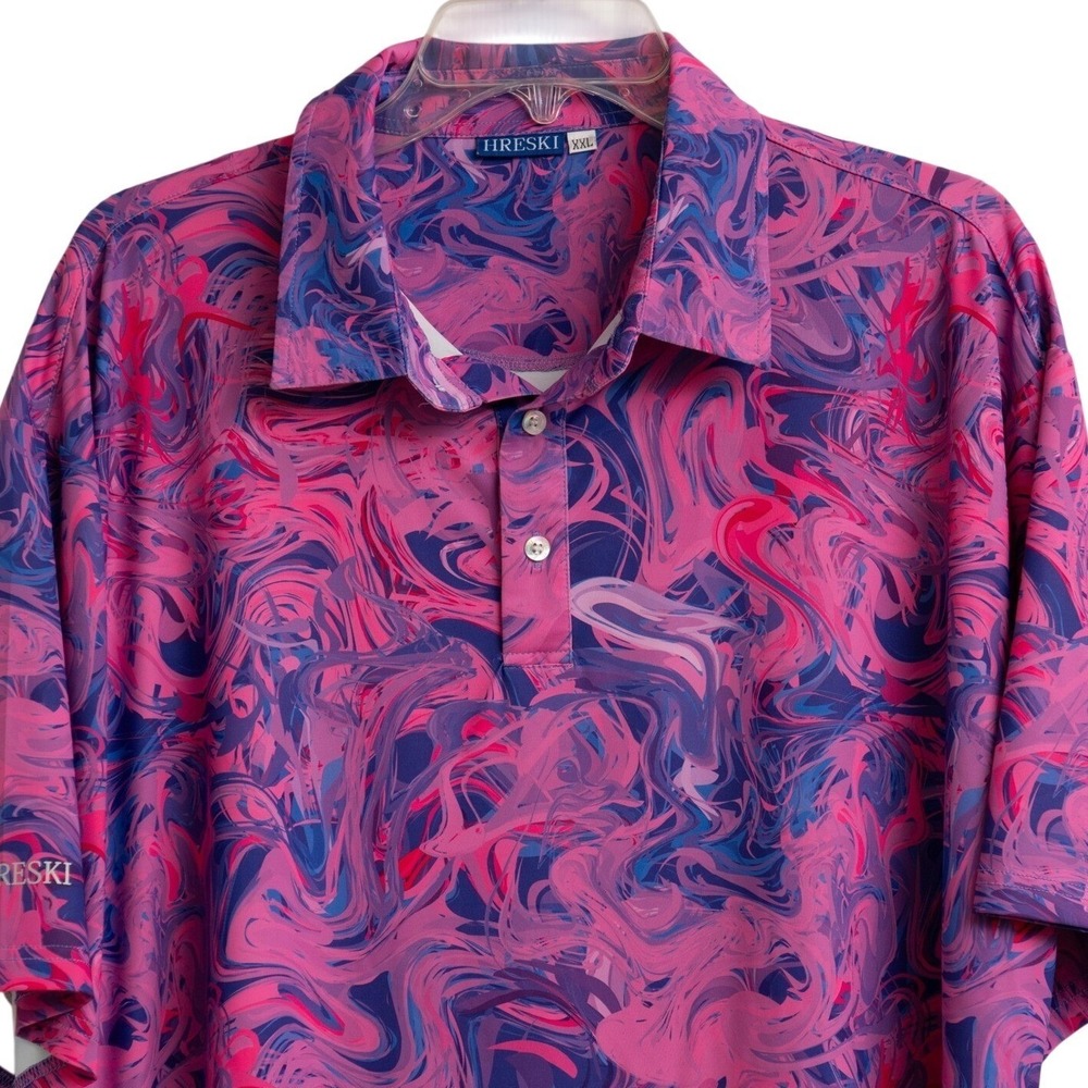 Hreski Mens XXL Golf Polo Shirt Pink Blue Psychedelic Swirl Funky Abstract Print